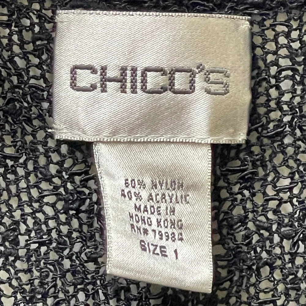 VTG Chico's Black Ruffle Trim Open Cardigan Sz‎ 1 Medium  Textured Knit Sweater